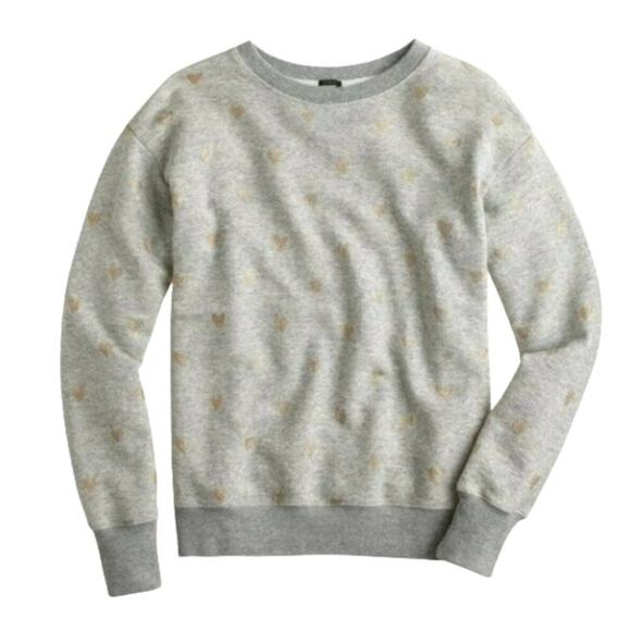J.Crew Gray Gold Foil Heart Long Sleeve Crewneck Pullover Cotton Sweater Size S - Picture 1 of 5